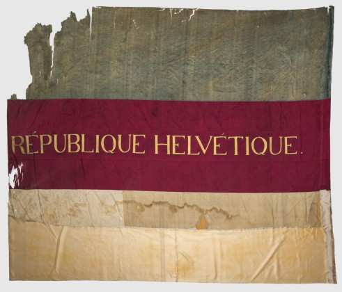 Fahne: Helvetische Republik in den Revolutionsfarben Grün-Rot-Gelb (Tricolore)